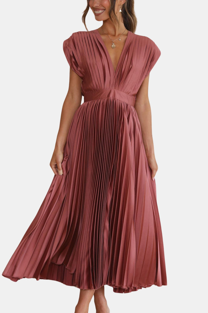 Soryvella | Elegant Pleated Midi Dress with V Neck
