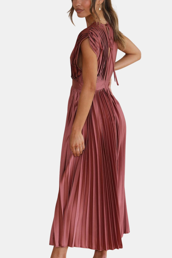 Soryvella | Elegant Pleated Midi Dress with V Neck