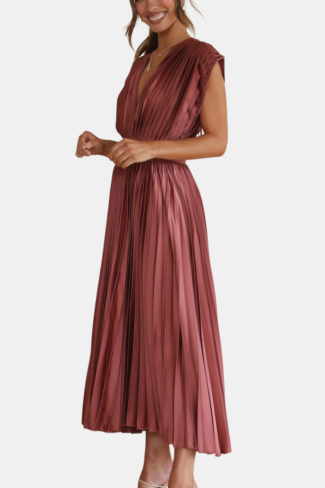 Soryvella | Elegant Pleated Midi Dress with V Neck