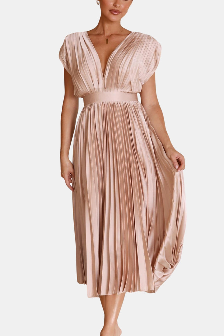 Soryvella | Elegant Pleated Midi Dress with V Neck