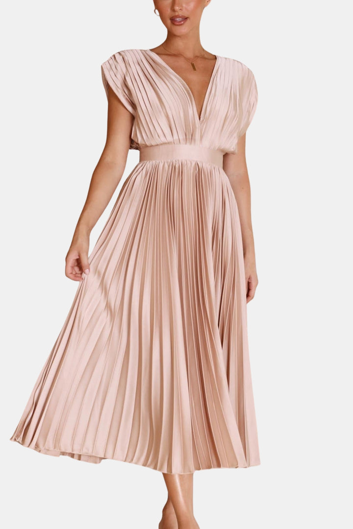 Soryvella | Elegant Pleated Midi Dress with V Neck