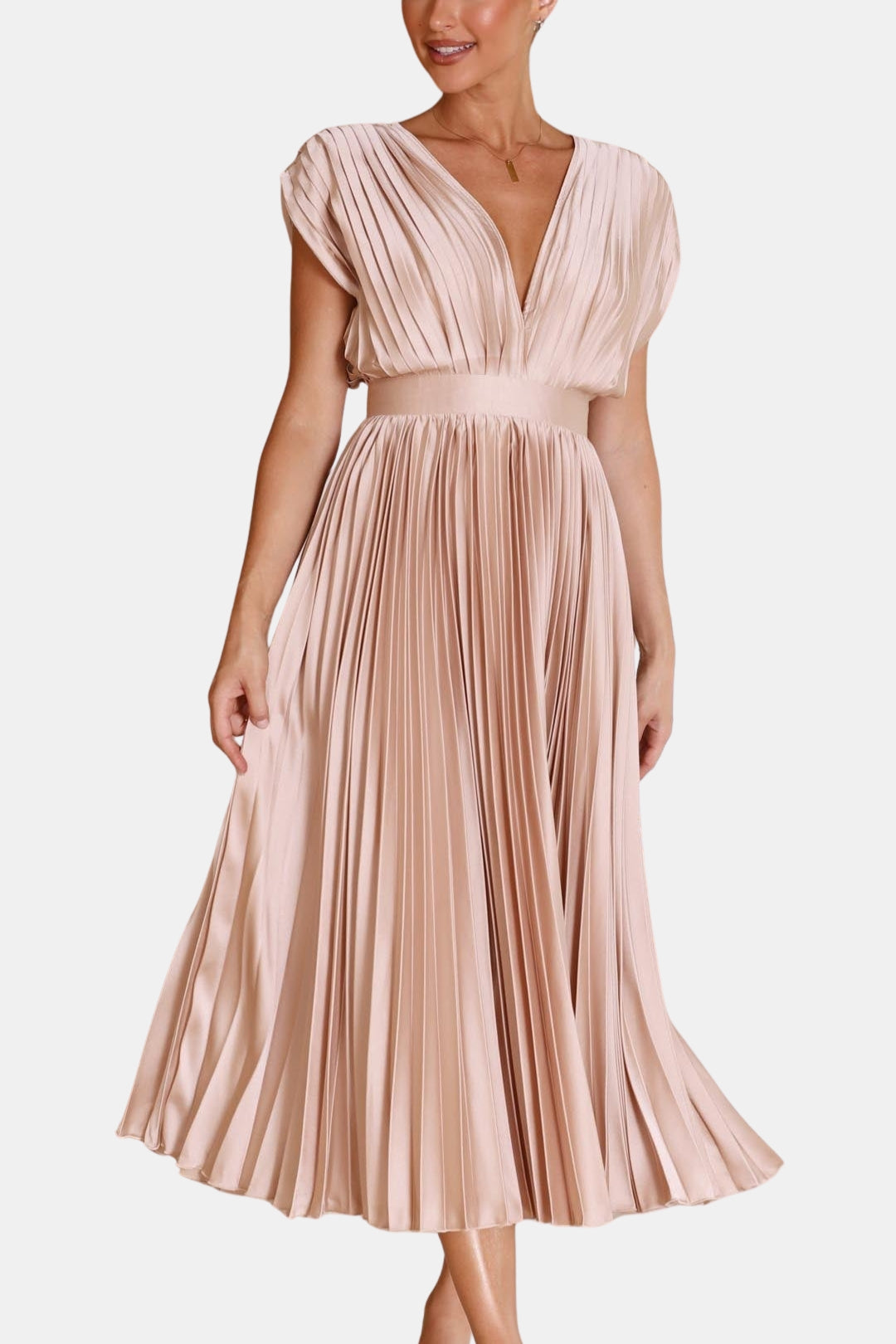 Soryvella | Elegant Pleated Midi Dress with V Neck