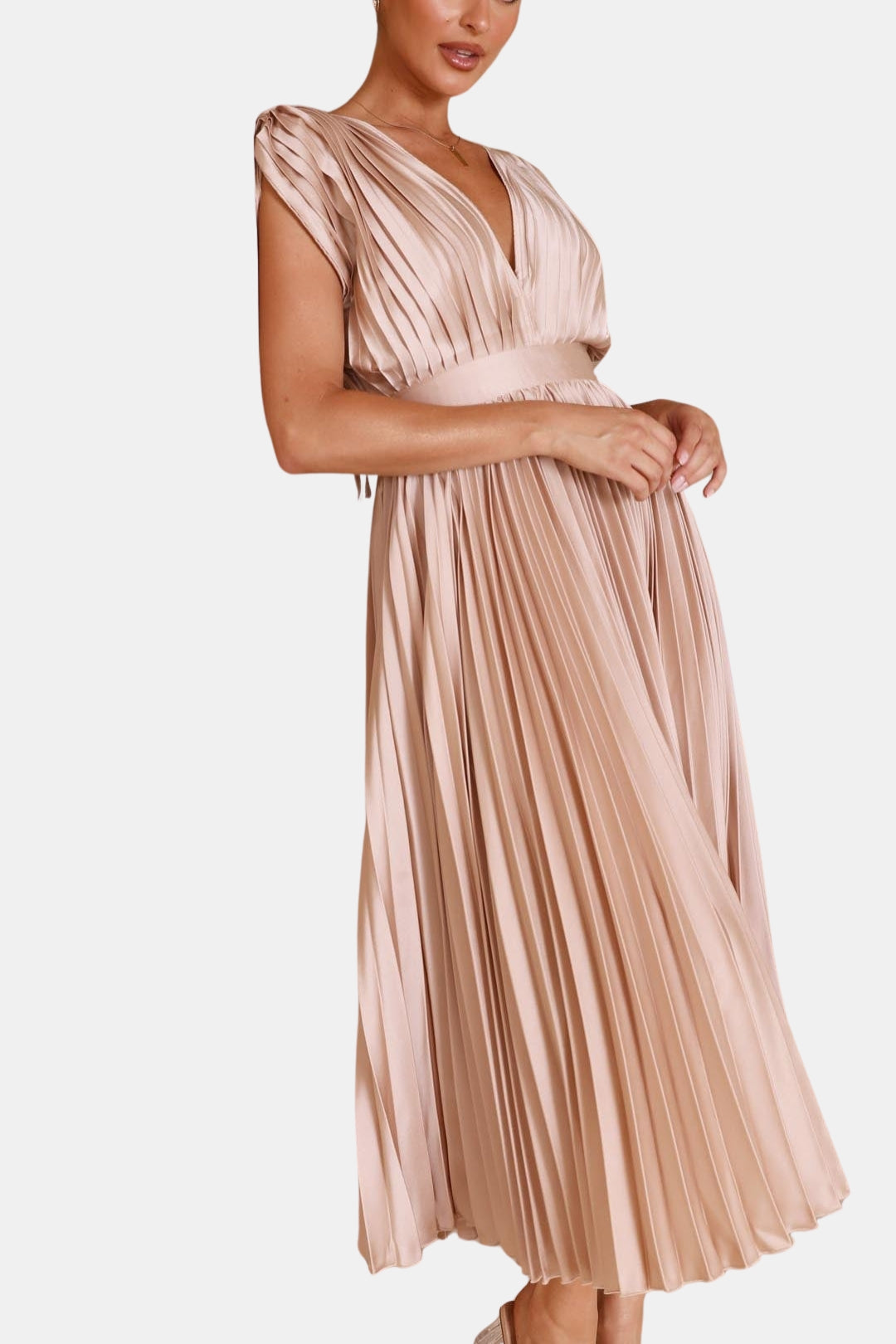 Soryvella | Elegant Pleated Midi Dress with V Neck