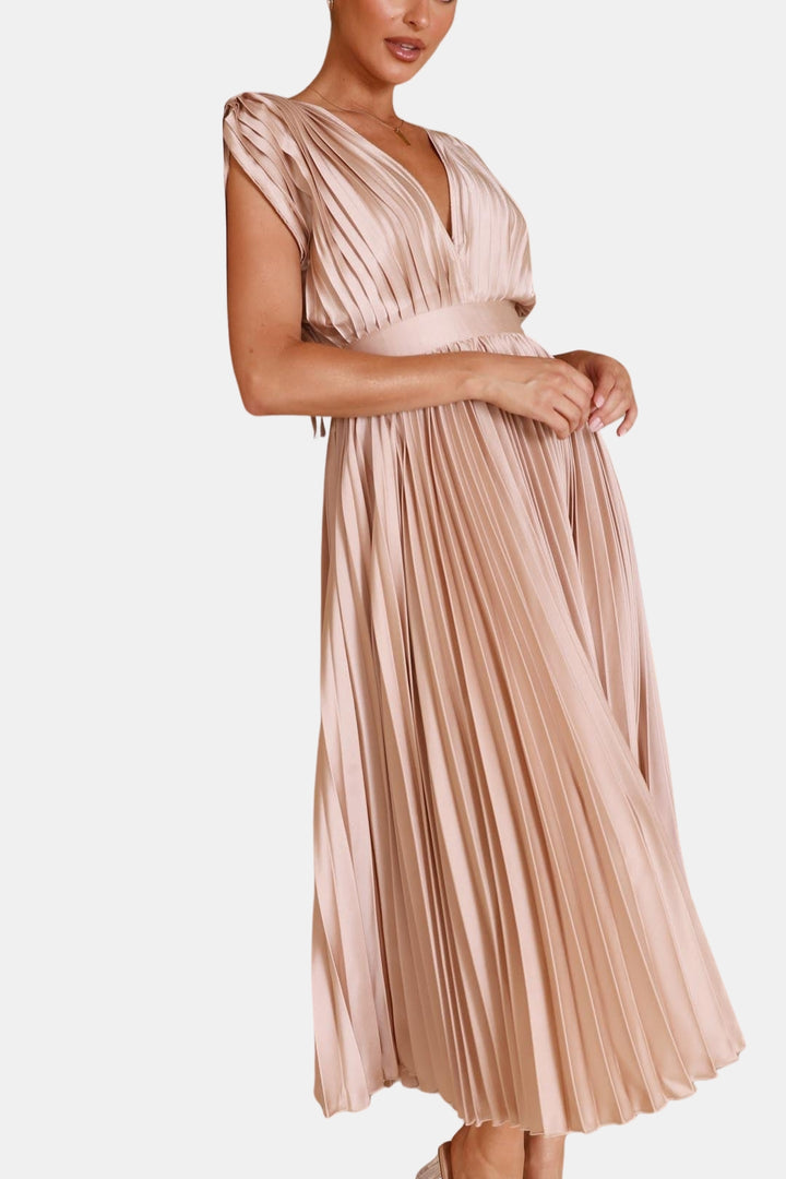Soryvella | Elegant Pleated Midi Dress with V Neck