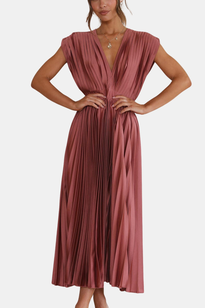Soryvella | Elegant Pleated Midi Dress with V Neck