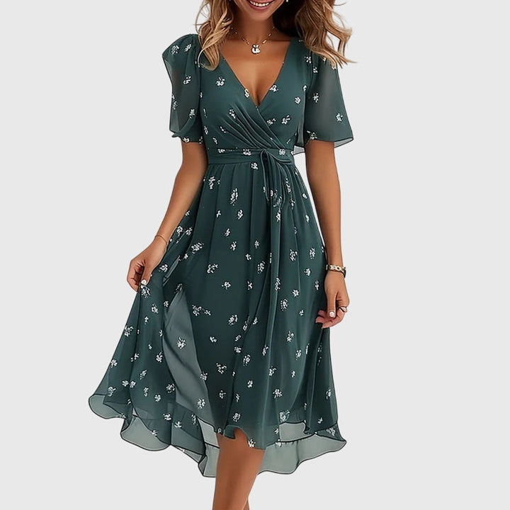 Syrelia | Floral Midi Dress with Flutter Sleeves