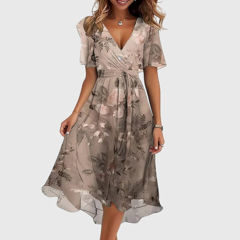 Syrelia | Floral Midi Dress with Flutter Sleeves
