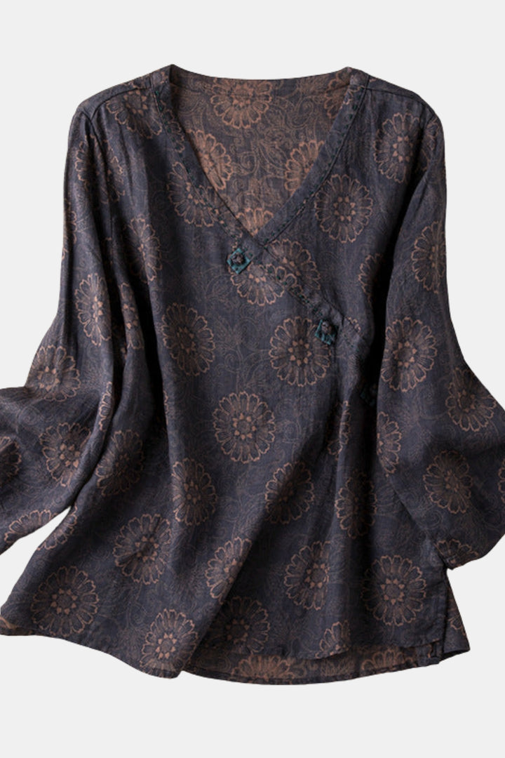 Tavirae | Printed V Neck Blouse with Long Sleeves