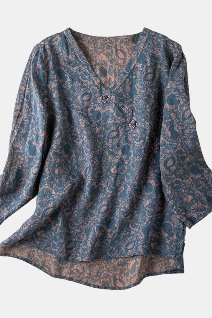 Tavirae | Printed V Neck Blouse with Long Sleeves