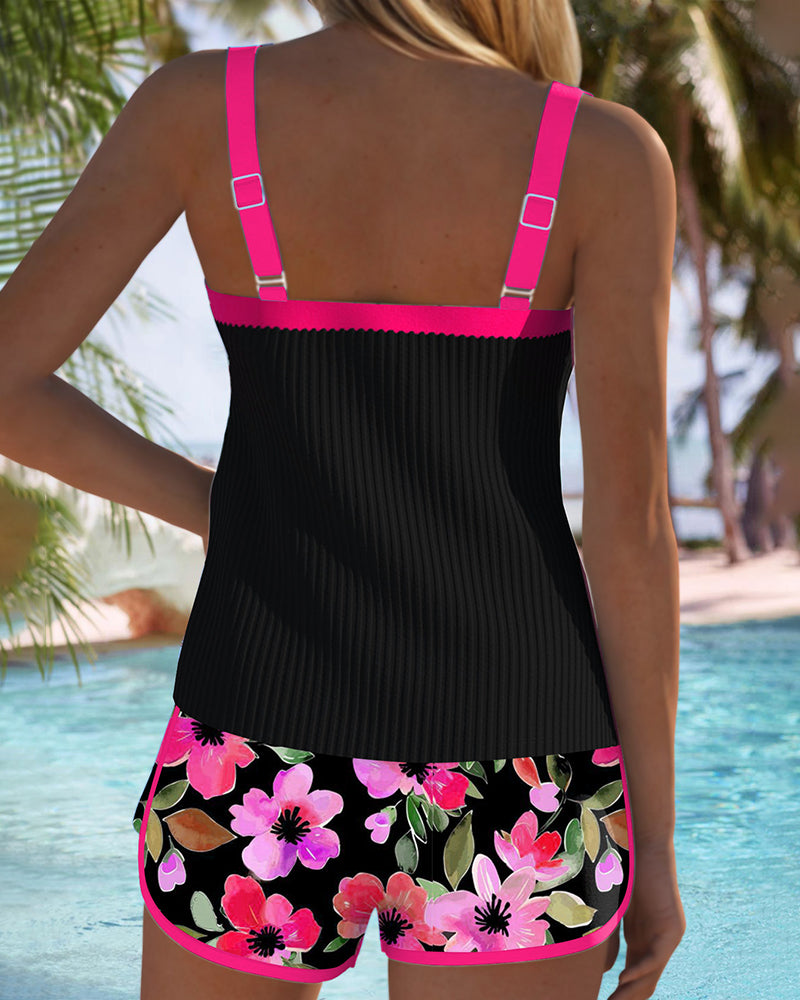 Taylor | Ribbed Tankini Set with Floral Shorts