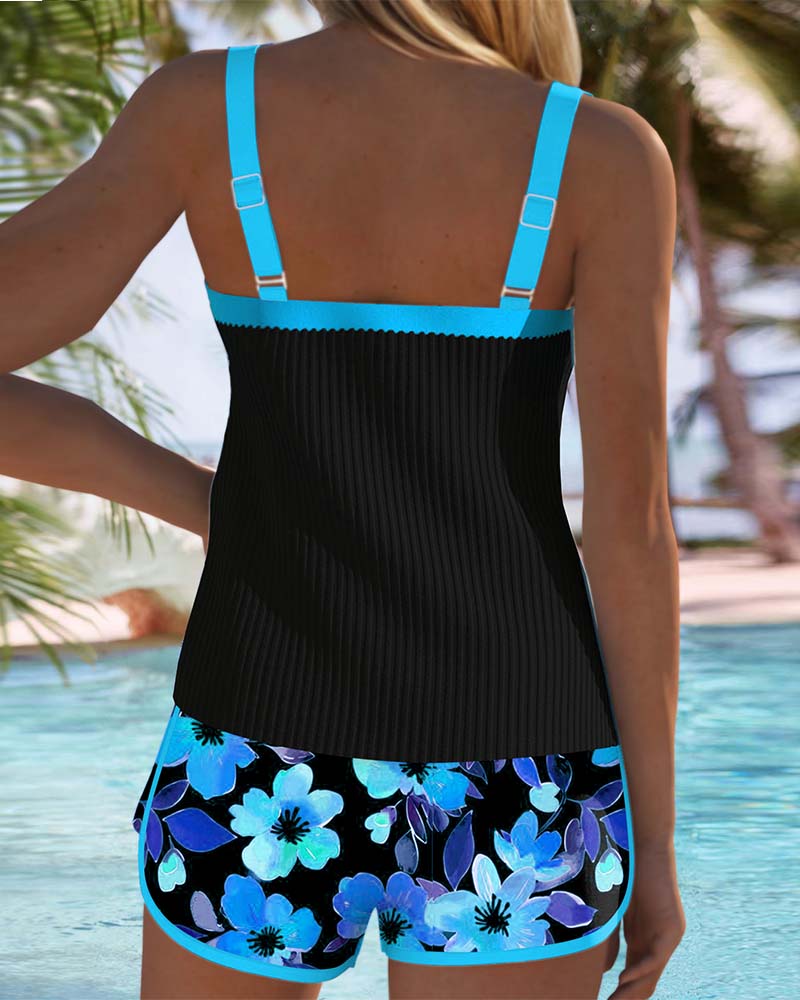 Taylor | Ribbed Tankini Set with Floral Shorts