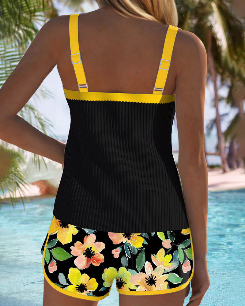 Taylor | Ribbed Tankini Set with Floral Shorts