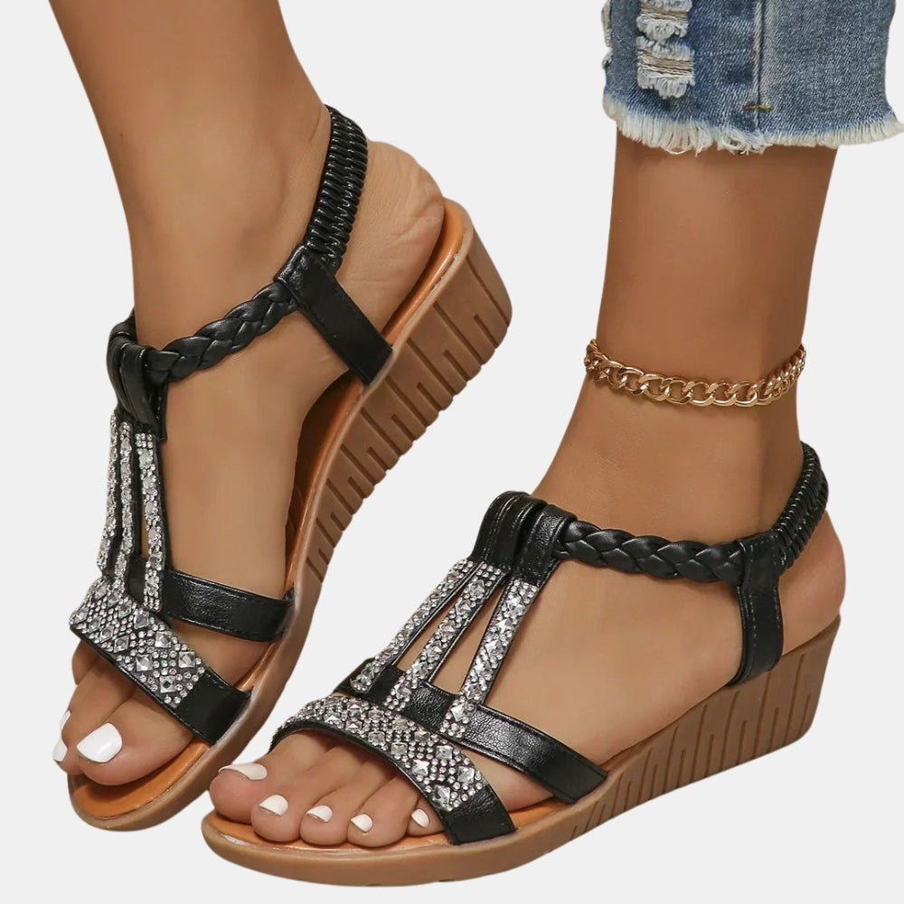 Terese | Embellished T Strap Sandals with Braided Detail