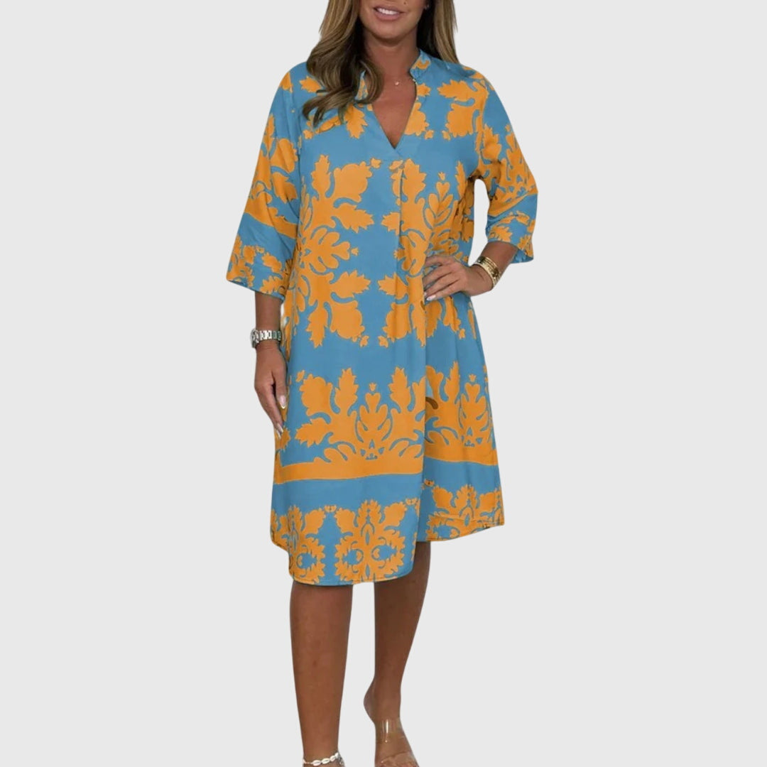 Terynza | Stylish Printed Midi Dress with V-Neck