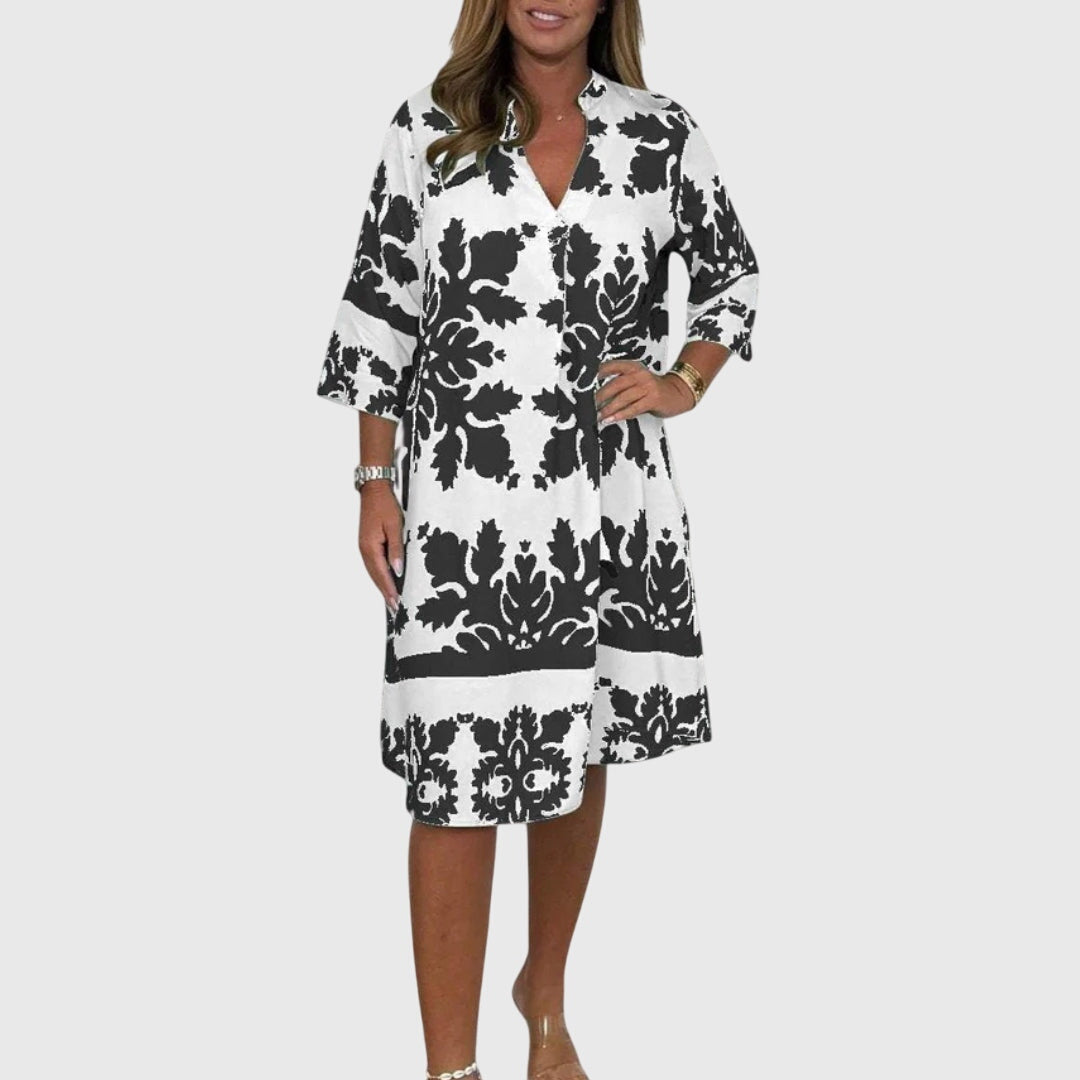 Terynza | Stylish Printed Midi Dress with V-Neck