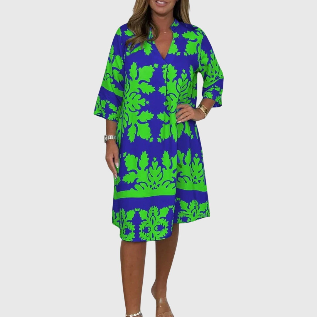 Terynza | Stylish Printed Midi Dress with V-Neck