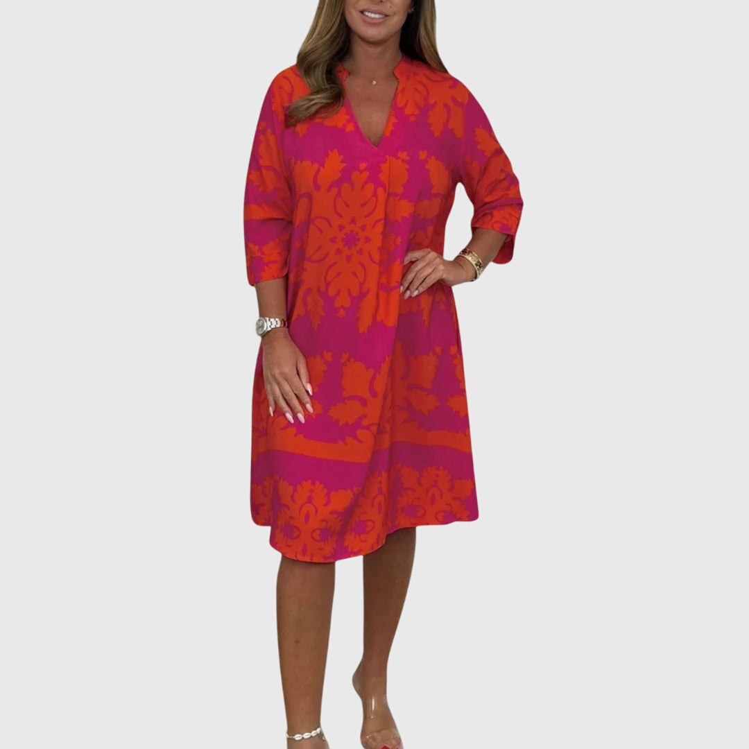 Terynza | Stylish Printed Midi Dress with V-Neck