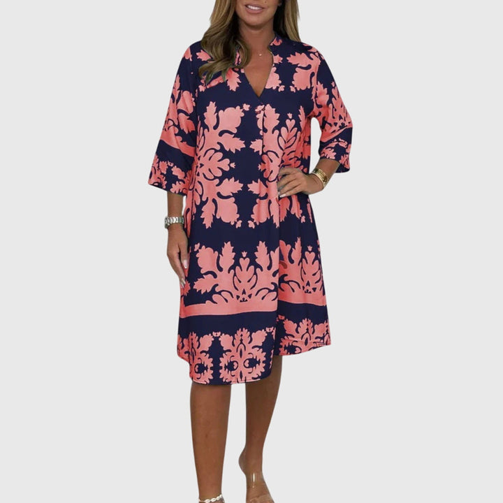 Terynza | Stylish Printed Midi Dress with V-Neck