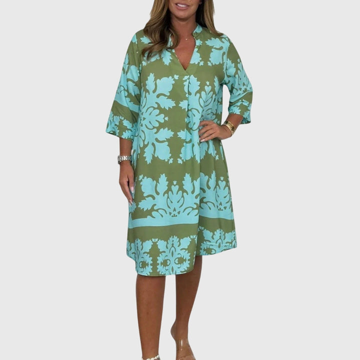 Terynza | Stylish Printed Midi Dress with V-Neck