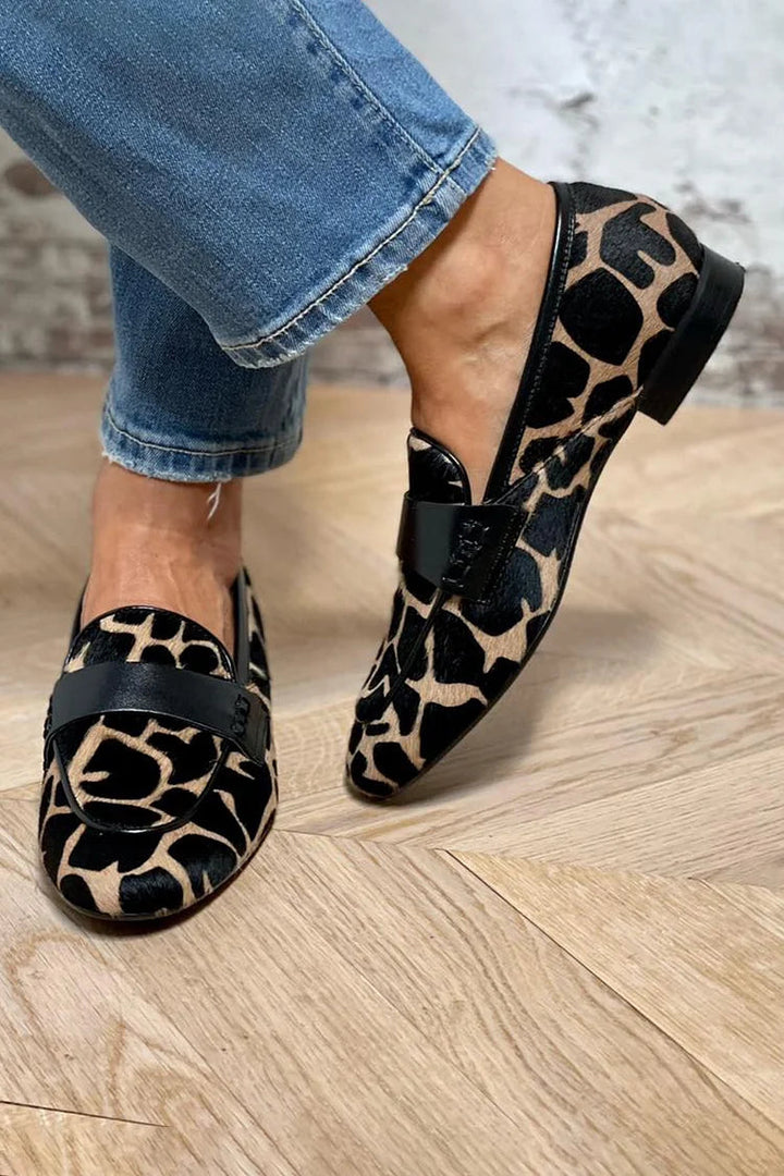 Tessa | Cow Print Penny Loafers with Classic Strap