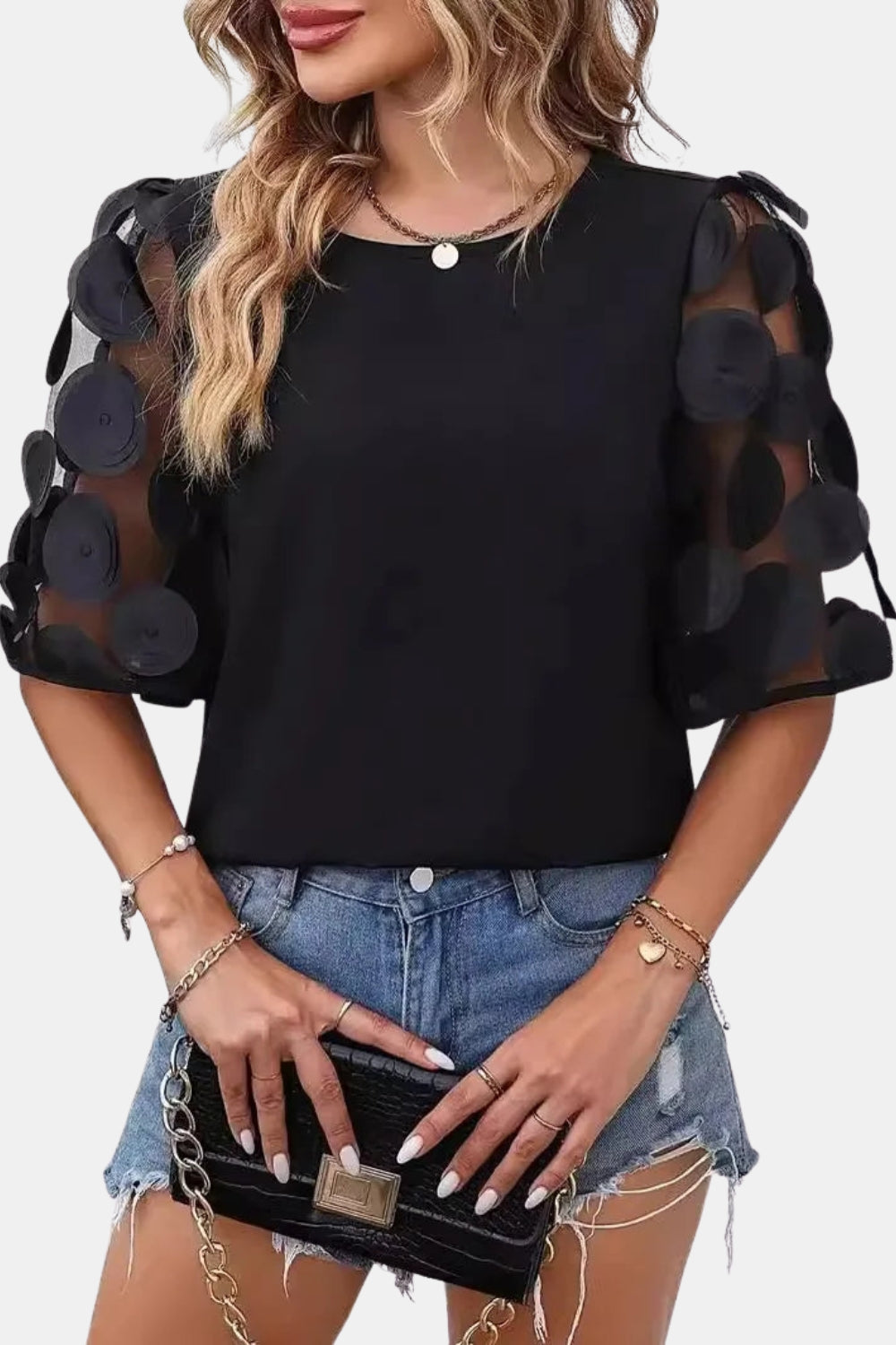 Tirezorra | Chic Sheer Sleeve Blouse with Applique Detail
