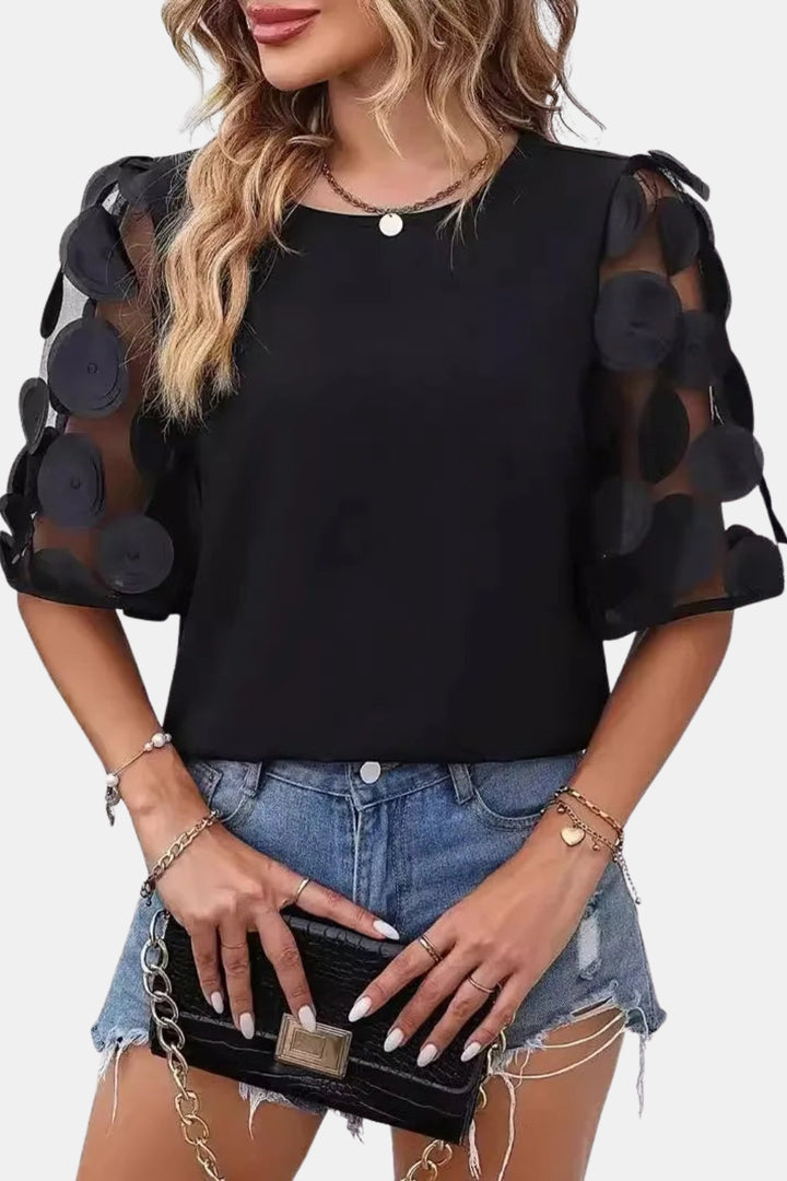 Tirezorra | Chic Sheer Sleeve Blouse with Applique Detail
