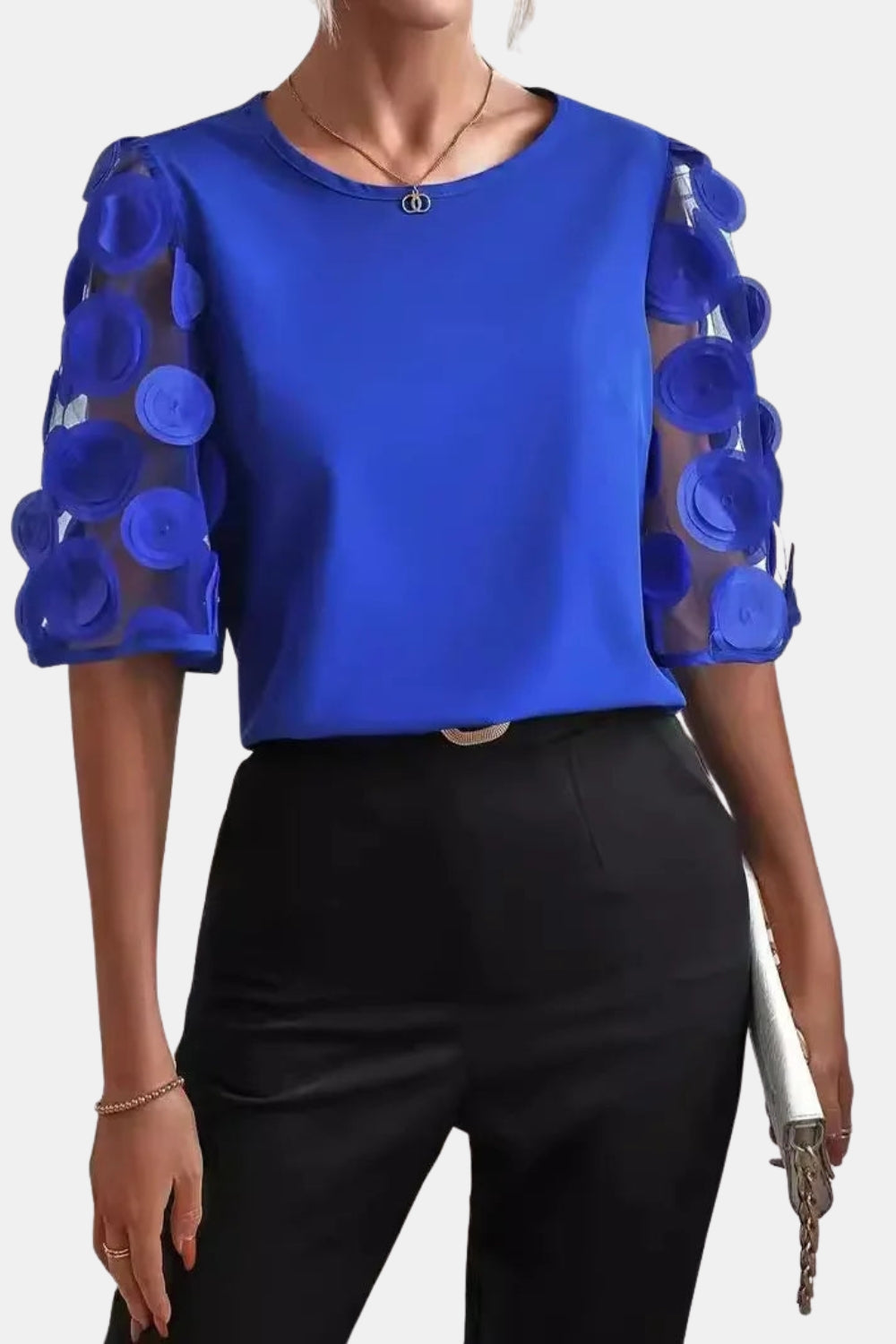 Tirezorra | Chic Sheer Sleeve Blouse with Applique Detail