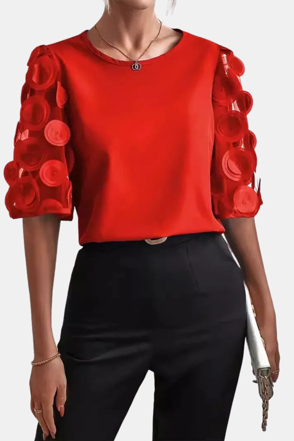 Tirezorra | Chic Sheer Sleeve Blouse with Applique Detail