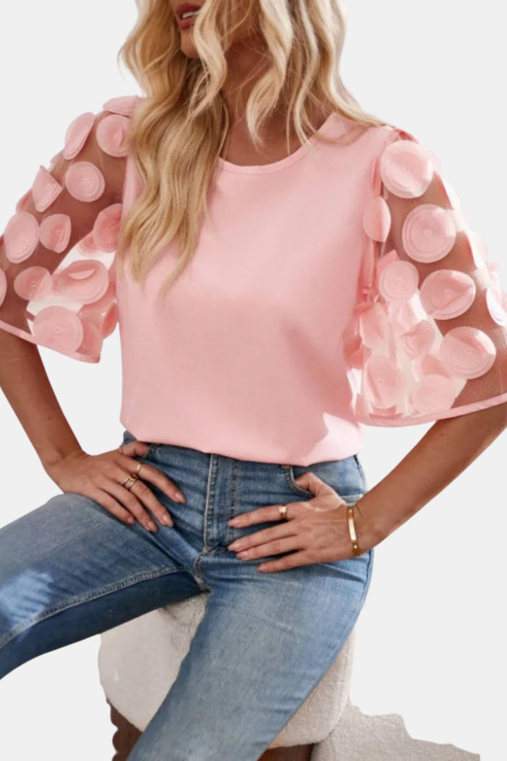 Tirezorra | Chic Sheer Sleeve Blouse with Applique Detail