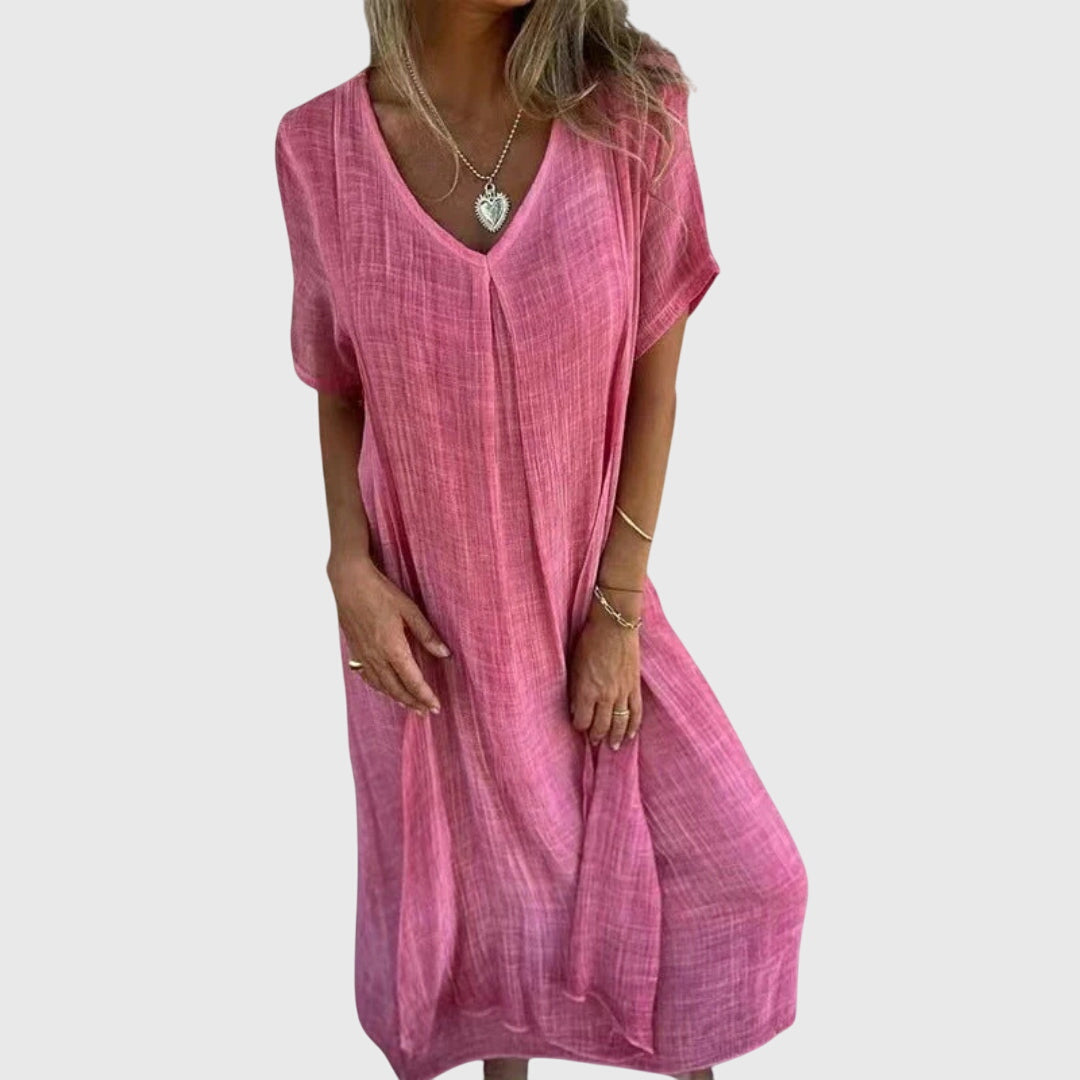 Ulveria | Relaxed V-Neck Midi Dress with Short Sleeves