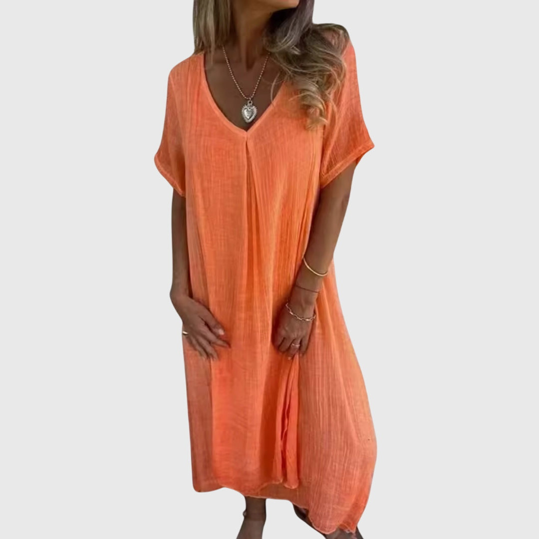 Ulveria | Relaxed V-Neck Midi Dress with Short Sleeves