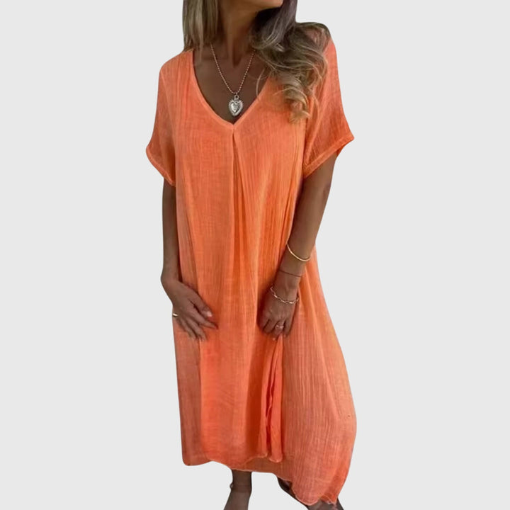 Ulveria | Relaxed V-Neck Midi Dress with Short Sleeves