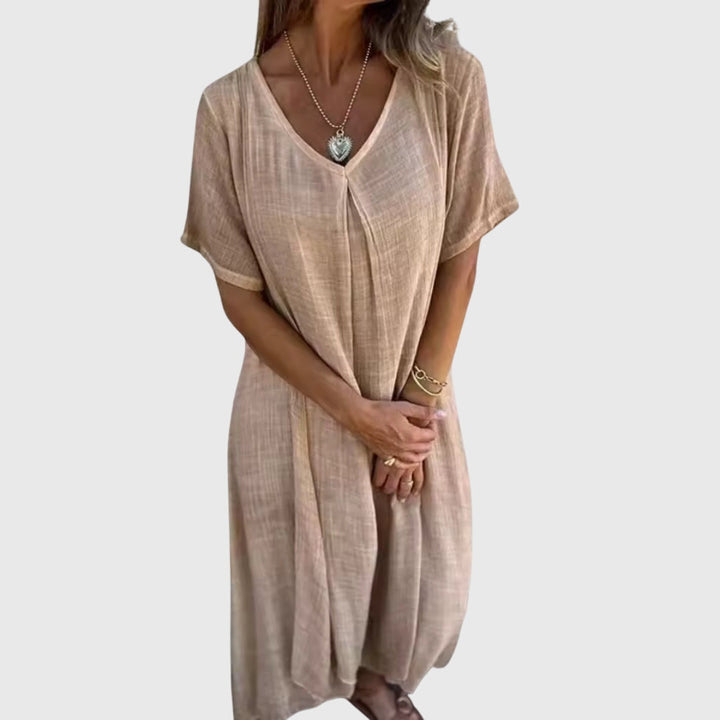 Ulveria | Relaxed V-Neck Midi Dress with Short Sleeves