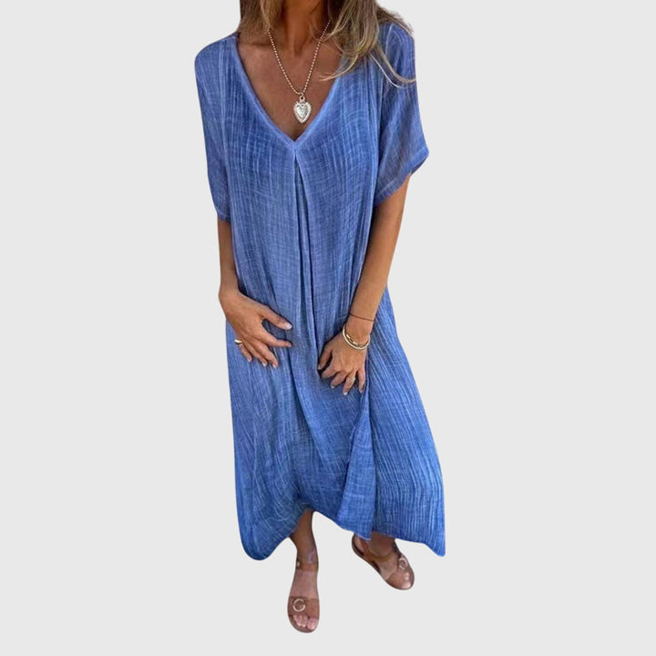 Ulveria | Relaxed V-Neck Midi Dress with Short Sleeves