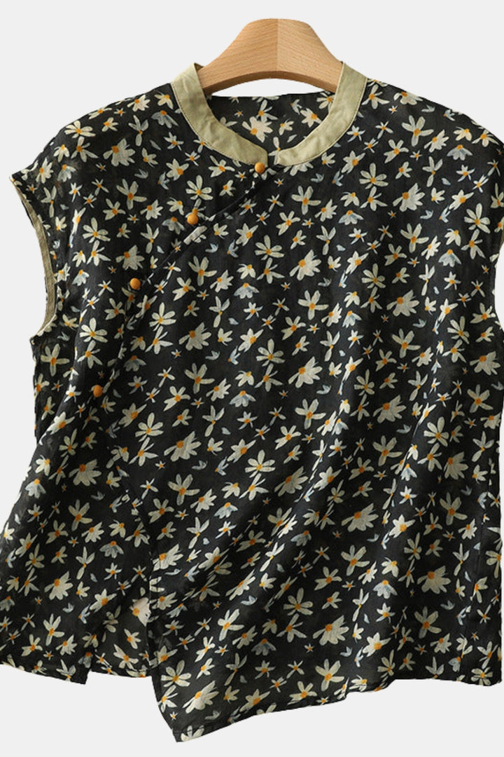 Umberly | Floral Sleeveless Blouse with Mandarin Collar