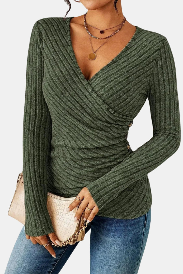 Urelvynna | Ribbed Wrap Top with Side Button Detail