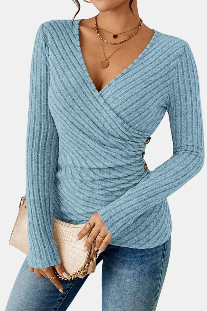 Urelvynna | Ribbed Wrap Top with Side Button Detail