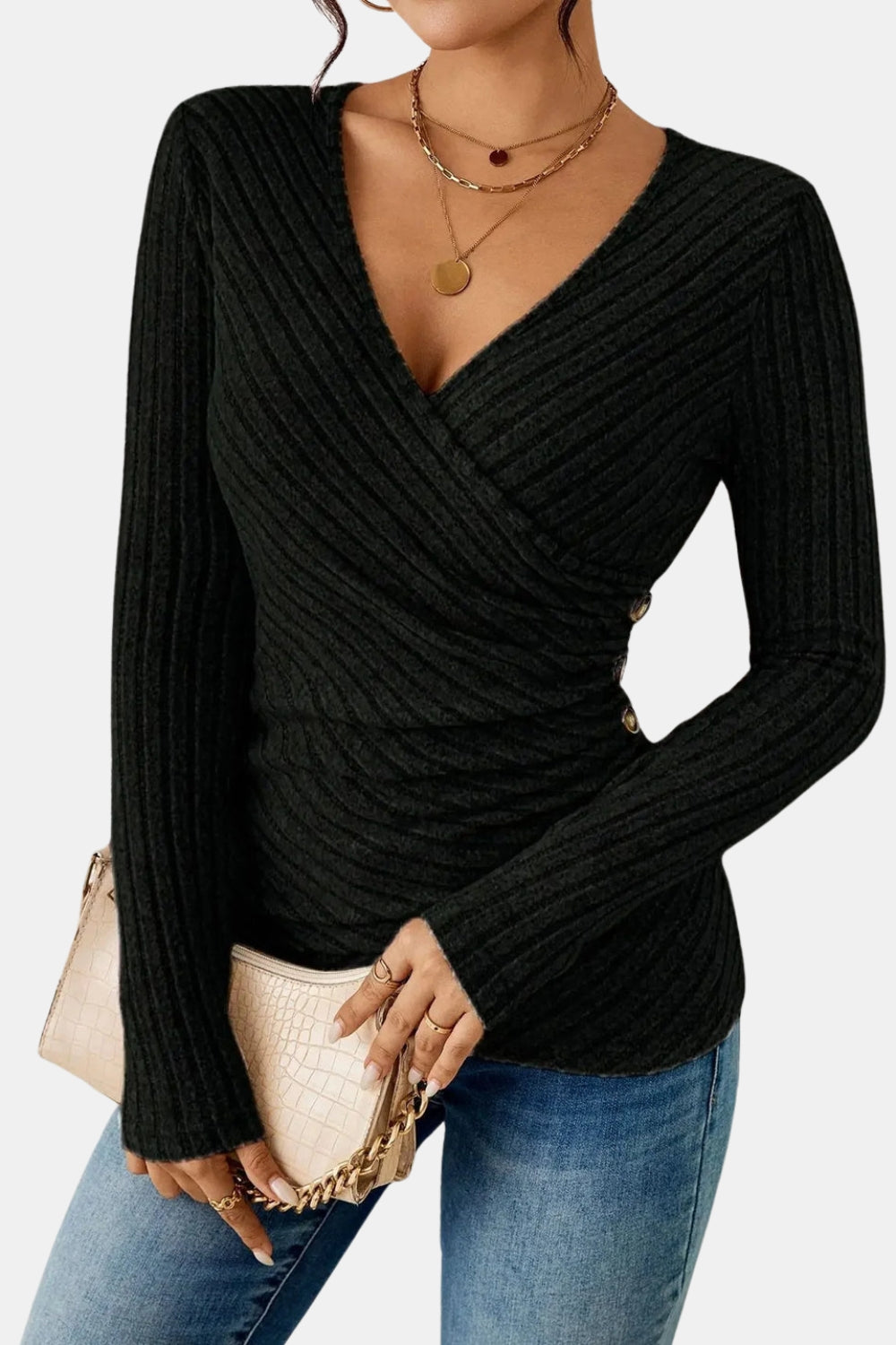 Urelvynna | Ribbed Wrap Top with Side Button Detail
