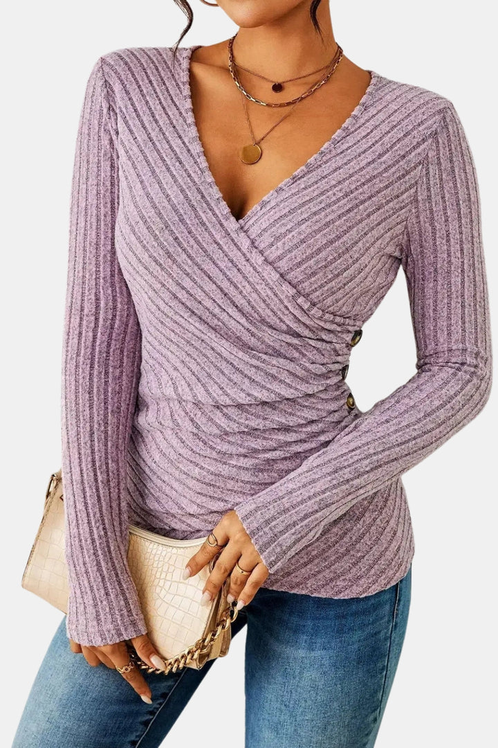 Urelvynna | Ribbed Wrap Top with Side Button Detail