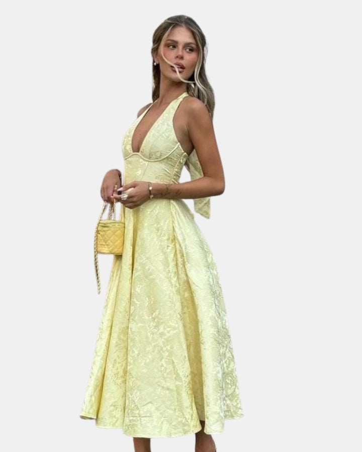 Uryndara | Wedding Guest Embroidered Halter Midi Dress