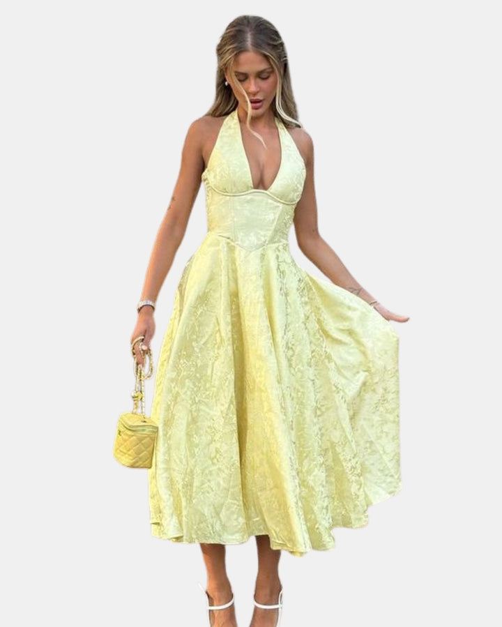 Uryndara | Wedding Guest Embroidered Halter Midi Dress