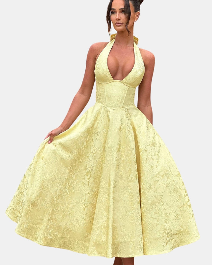 Uryndara | Wedding Guest Embroidered Halter Midi Dress