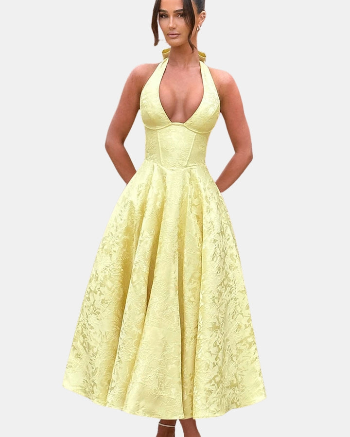 Uryndara | Wedding Guest Embroidered Halter Midi Dress
