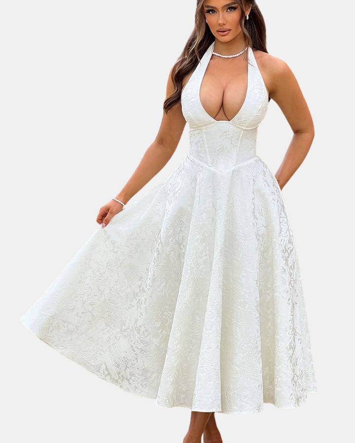 Uryndara | Wedding Guest Embroidered Halter Midi Dress