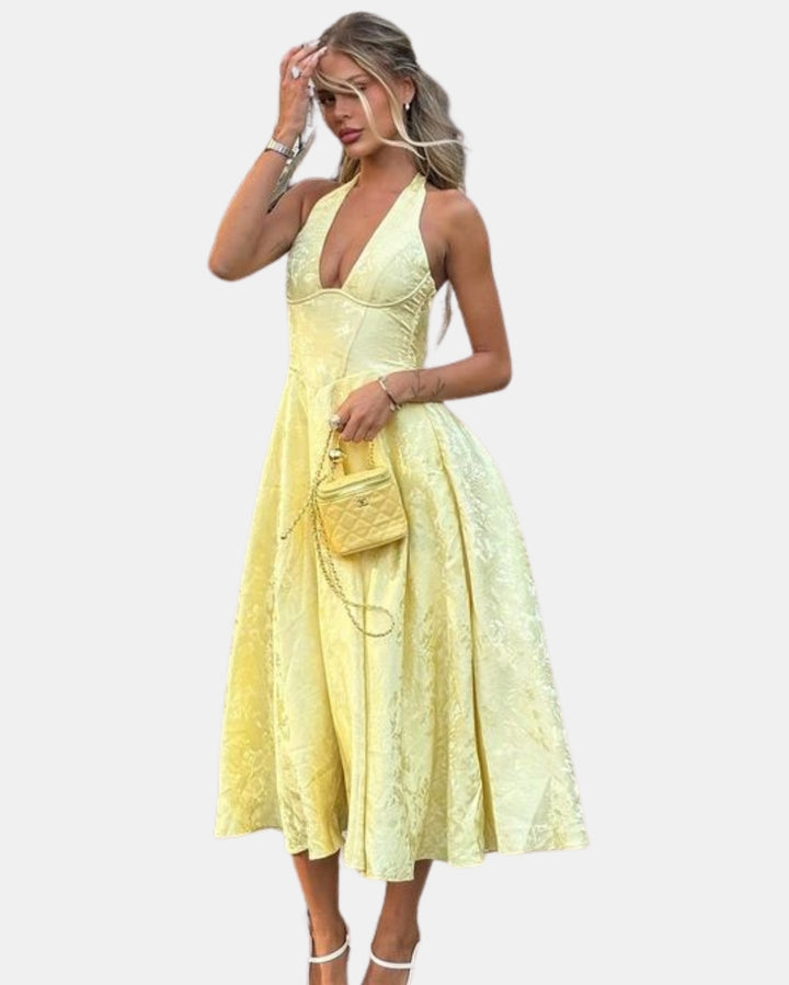 Uryndara | Wedding Guest Embroidered Halter Midi Dress