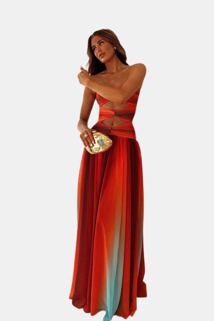 Uvyrandra | Wedding Guest Strapless Maxi Dress with Cutout Waist