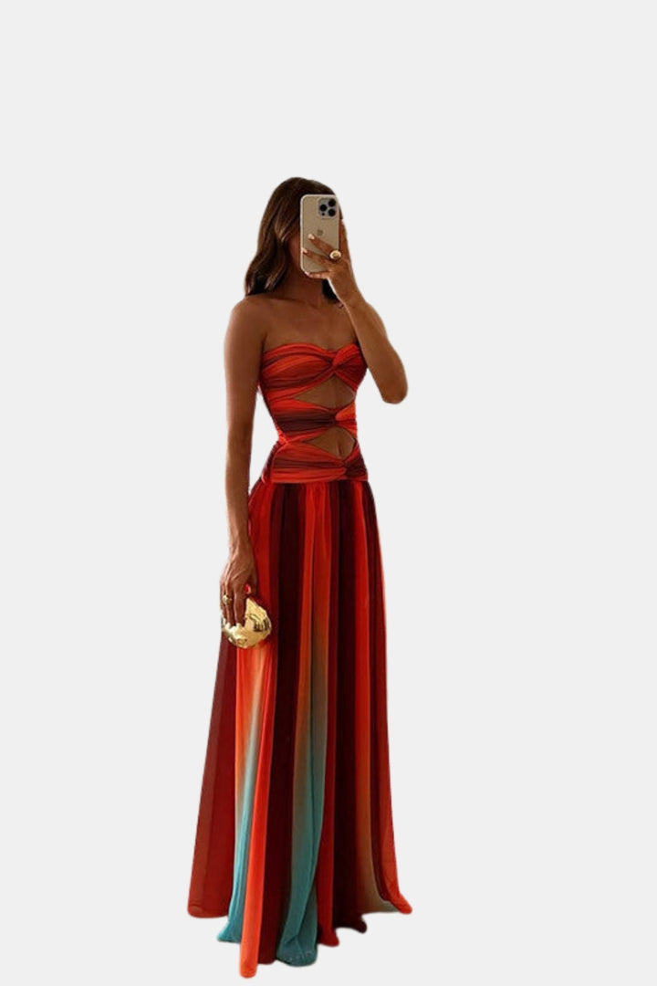 Uvyrandra | Wedding Guest Strapless Maxi Dress with Cutout Waist