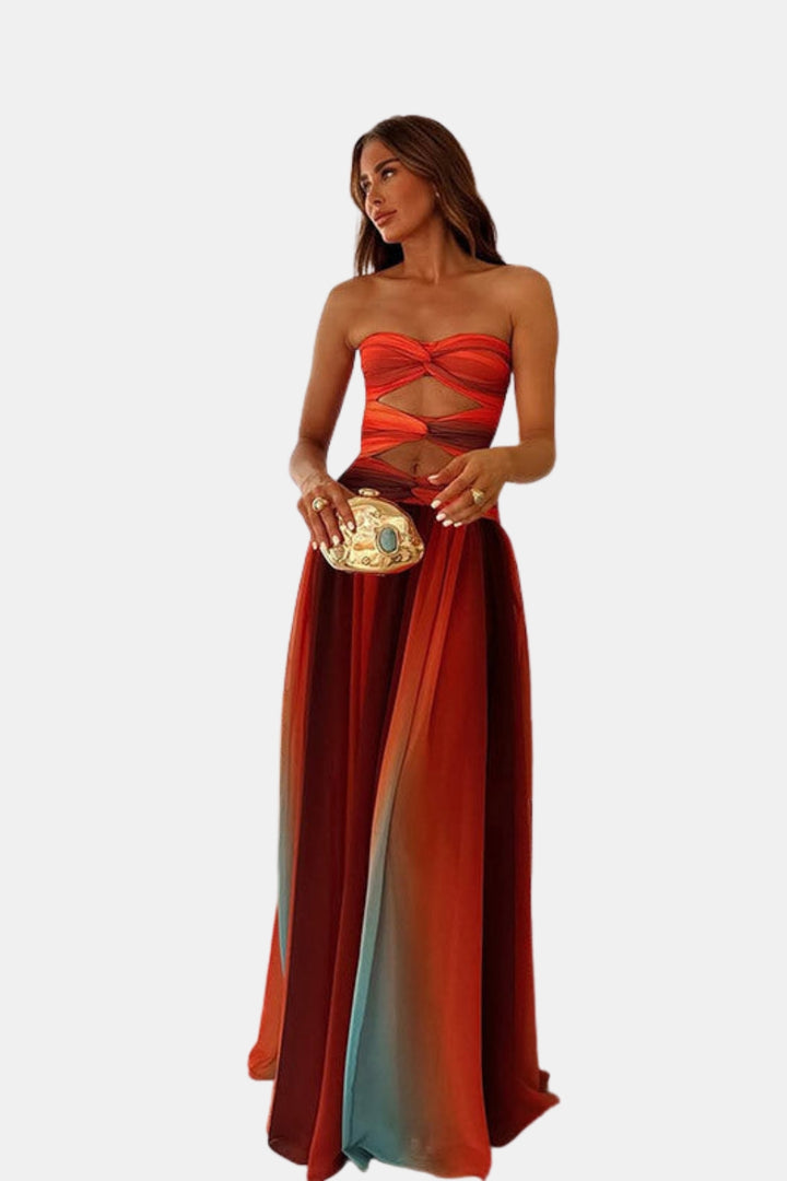 Uvyrandra | Wedding Guest Strapless Maxi Dress with Cutout Waist