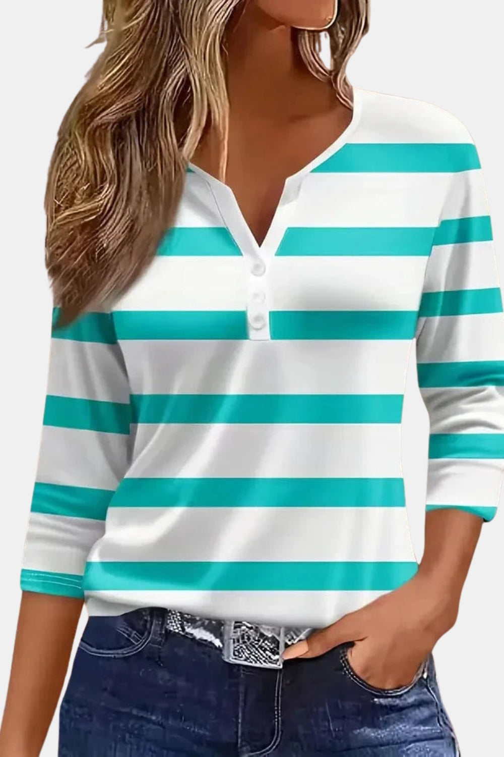 Vailyn | Striped V Neck Top with Three Quarter Sleeves
