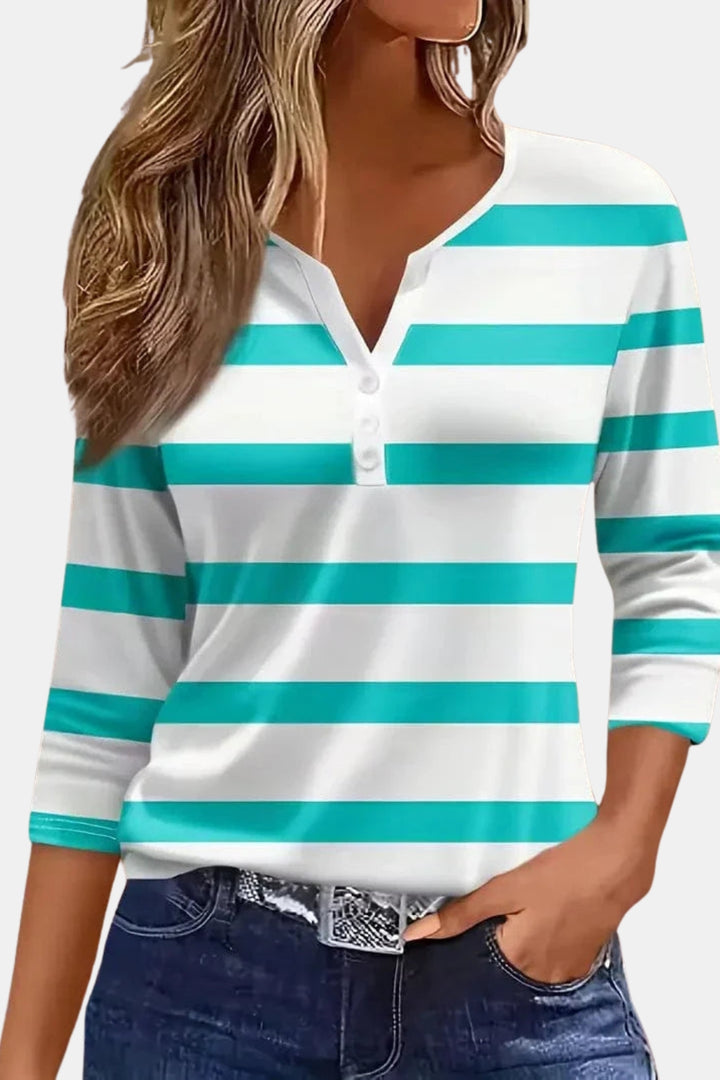Vailyn | Striped V Neck Top with Three Quarter Sleeves